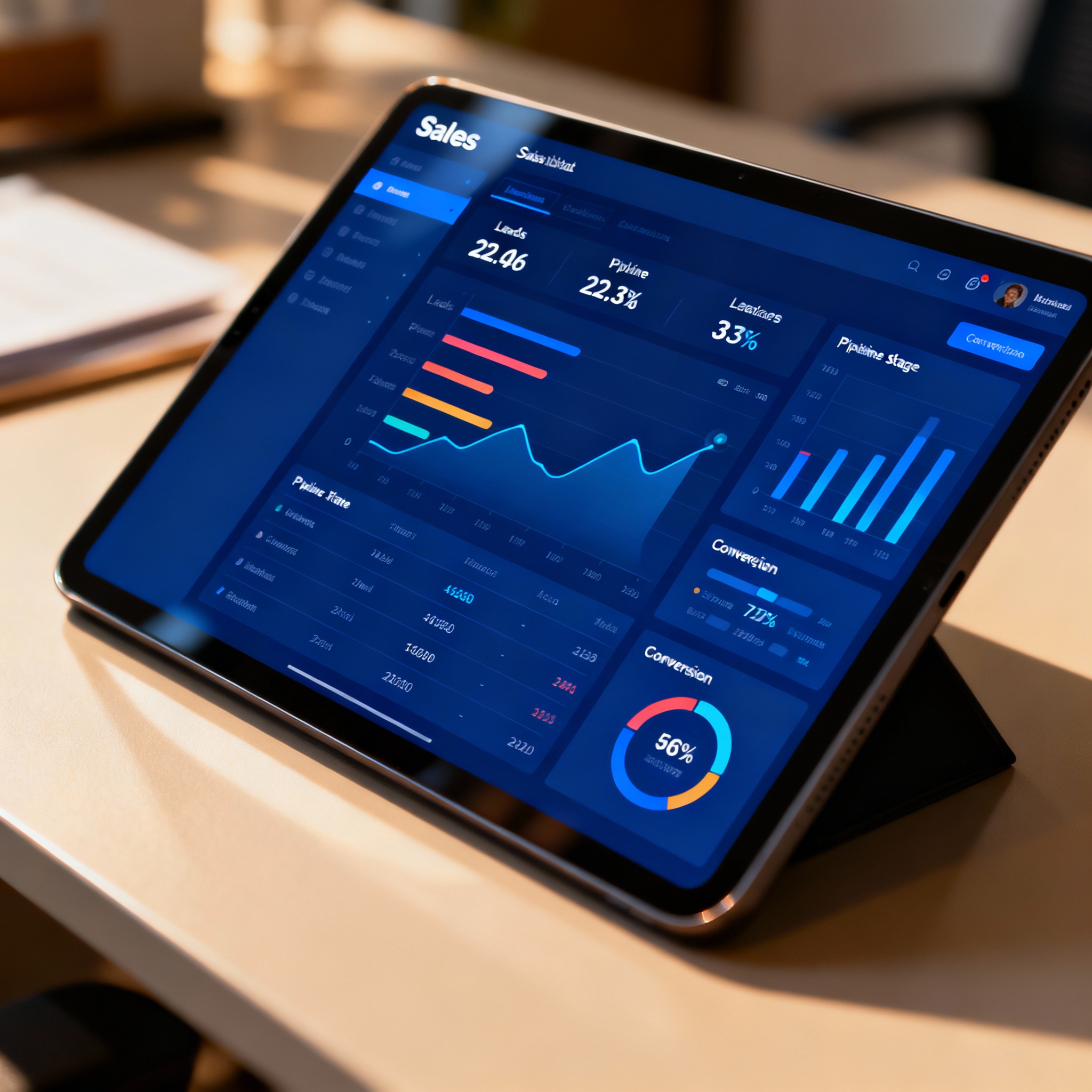 Photorealistic close-up of a sales dashboard on a tablet showing leads, pipeline stages, and conversion rates. Visual styl...