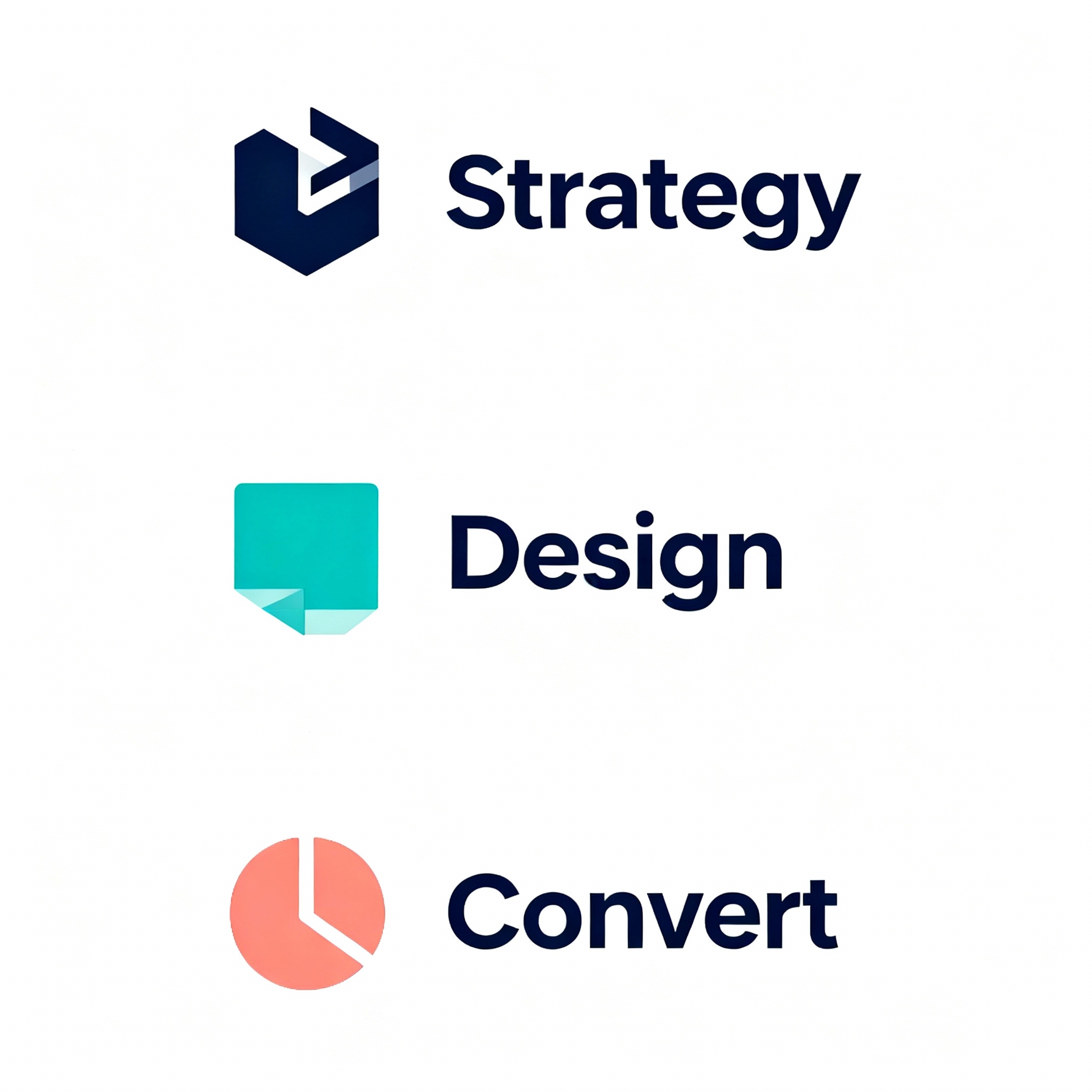 Professional Website Redesign Services for Small Business in Scottsdale 2 Minimalist infographic style illustration showing a three-step process: Strategy, Design, Convert, clean white background,...
