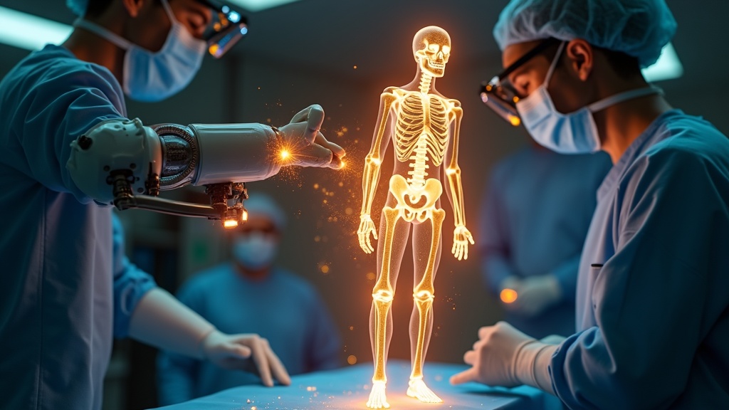 Un cirujano supervisa atentamente el brazo del sistema robótico ROSA Knee durante una operación de alta precisión en quirófano.