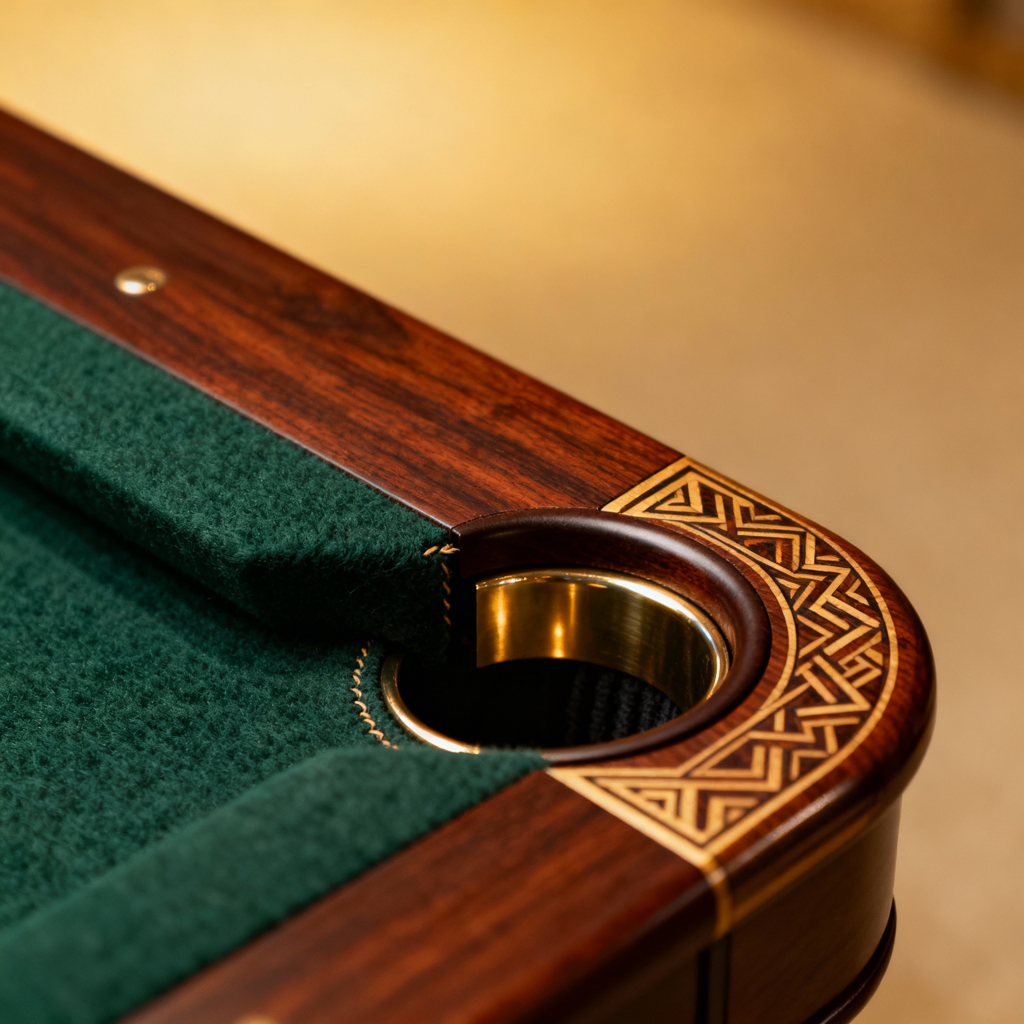 Close-up photorealistic detail shot of a handcrafted pool table corner, showing premium finish, seamless pocket integratio...