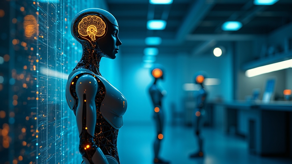 Ilustración conceptual de Gemini Sistema Operativo para Robots controlando un humanoide en un entorno complejo.