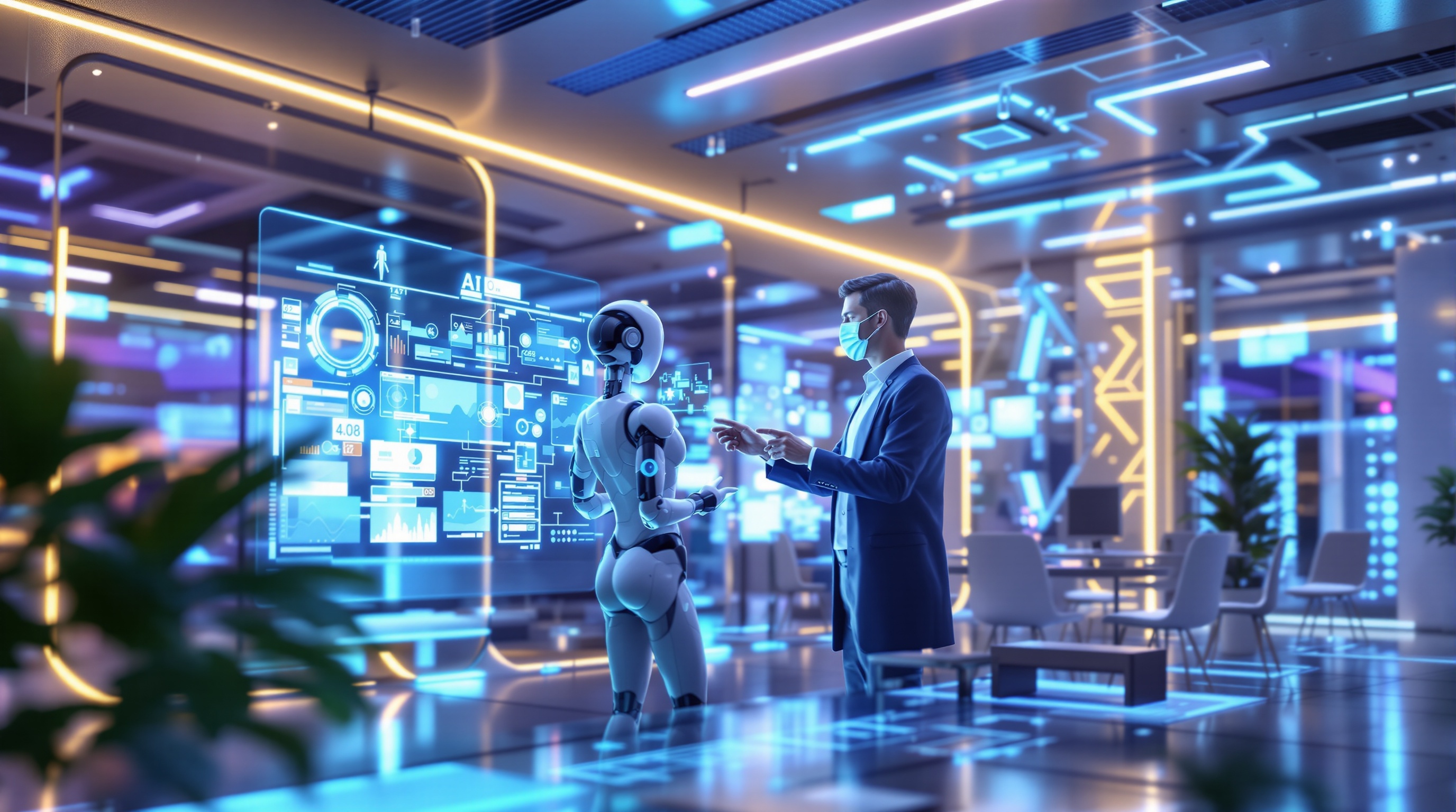 Futuristic office where a professional collaborates with a humanoid AI assistant surrounded by holographic workflows and virtual data.
