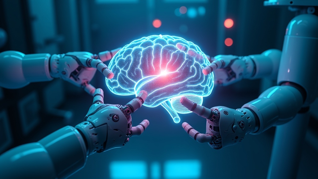 Equipo de neurocirujanos colaborando con un sistema robótico durante una operación cerebral
