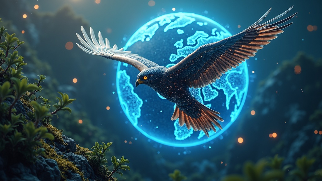 Representación conceptual del RoboFalcon 2.0, un hito en la robótica bioinspirada, volando sobre un paisaje natural.