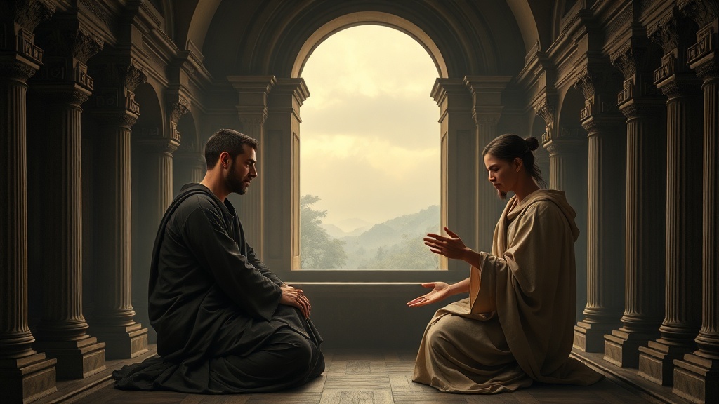 연극적 구도 속 중재자가 두 사람 사이에서 자비와 심판을 상징적으로 전하는 장면