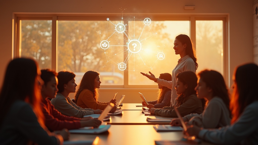 Profesor utilizando una tablet con IA para planificar una lección, simbolizando la formación docente en IA con Microsoft Copilot.