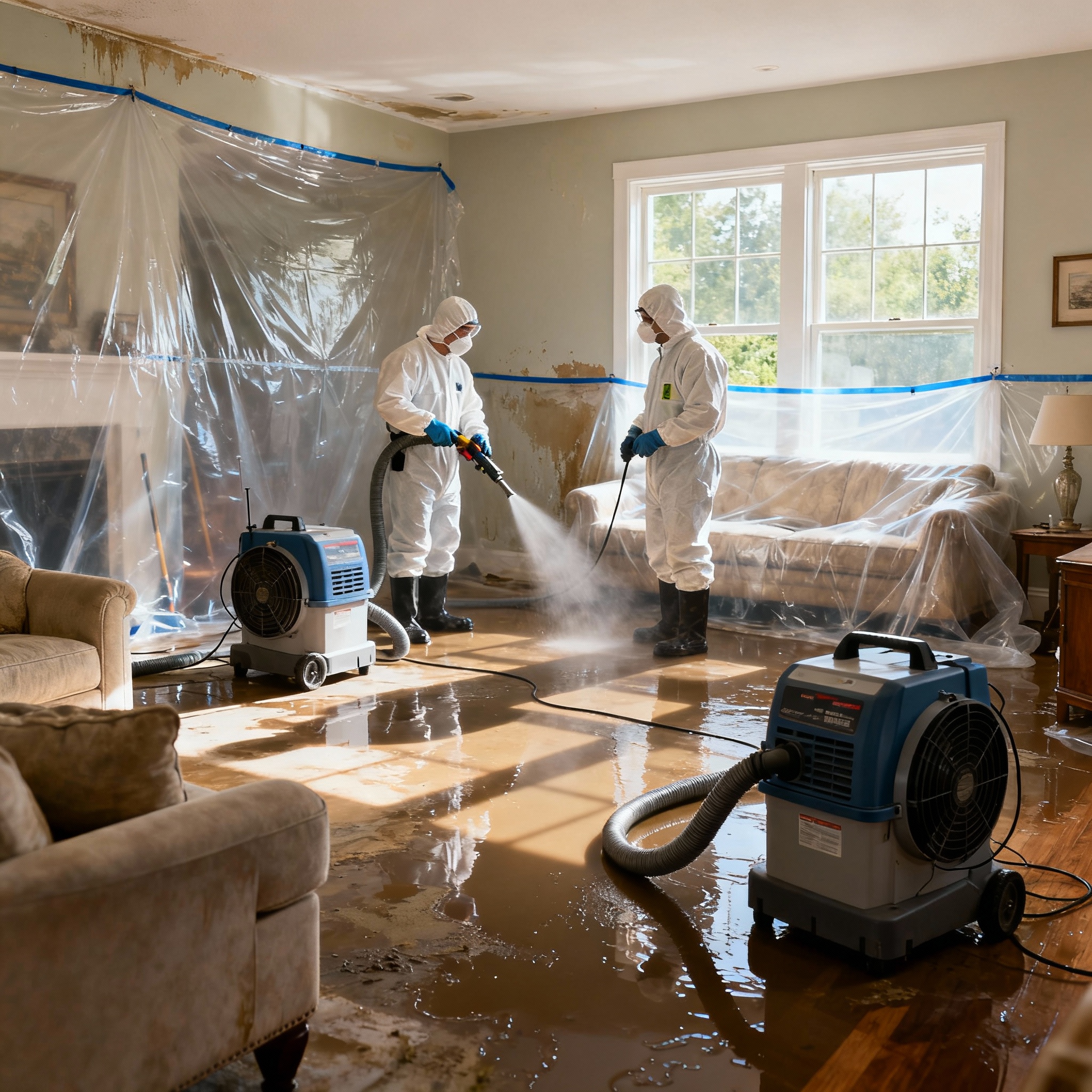 Wide view of a restoration crew performing containment and drying in a living room, photorealistic documentary style, prof...
