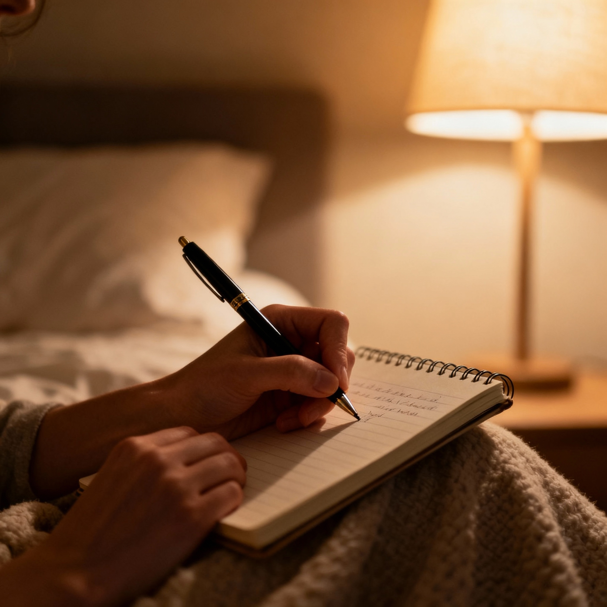 Photorealistic close-up of a person journaling at bedside with dim warm lamp light, mood: calm and reflective, colors warm...