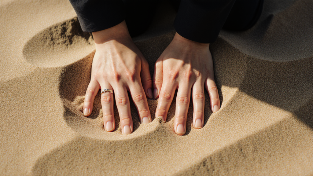 Close-up POV of hands pressed into rippled sand, fingers sinking and disappearing into golden grains.
