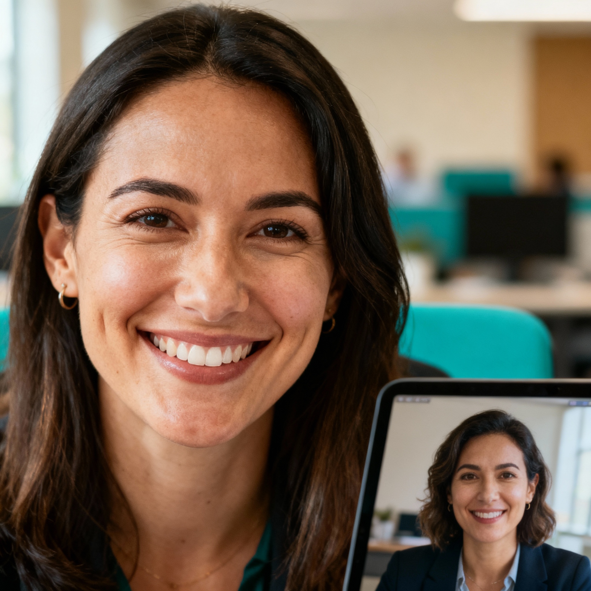 Photorealistic photo-style scene of a coach smiling on a quick video call with a client, warm natural light, friendly and ...