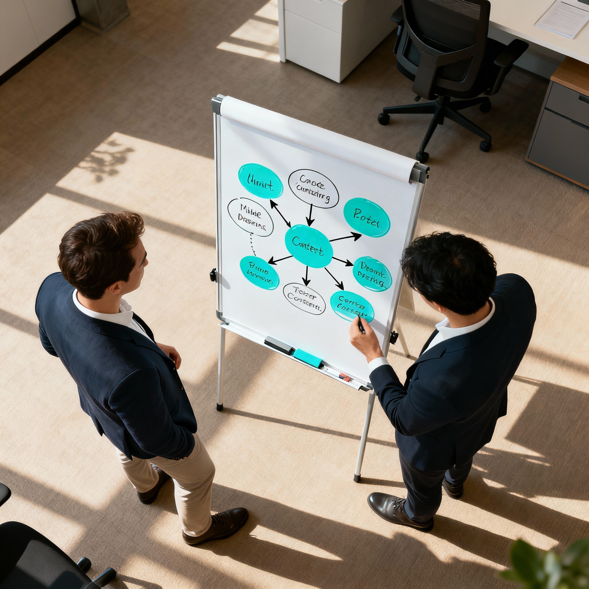 A clean photographic-style image of a small team mapping a content strategy on a whiteboard, modern office environment, pr...
