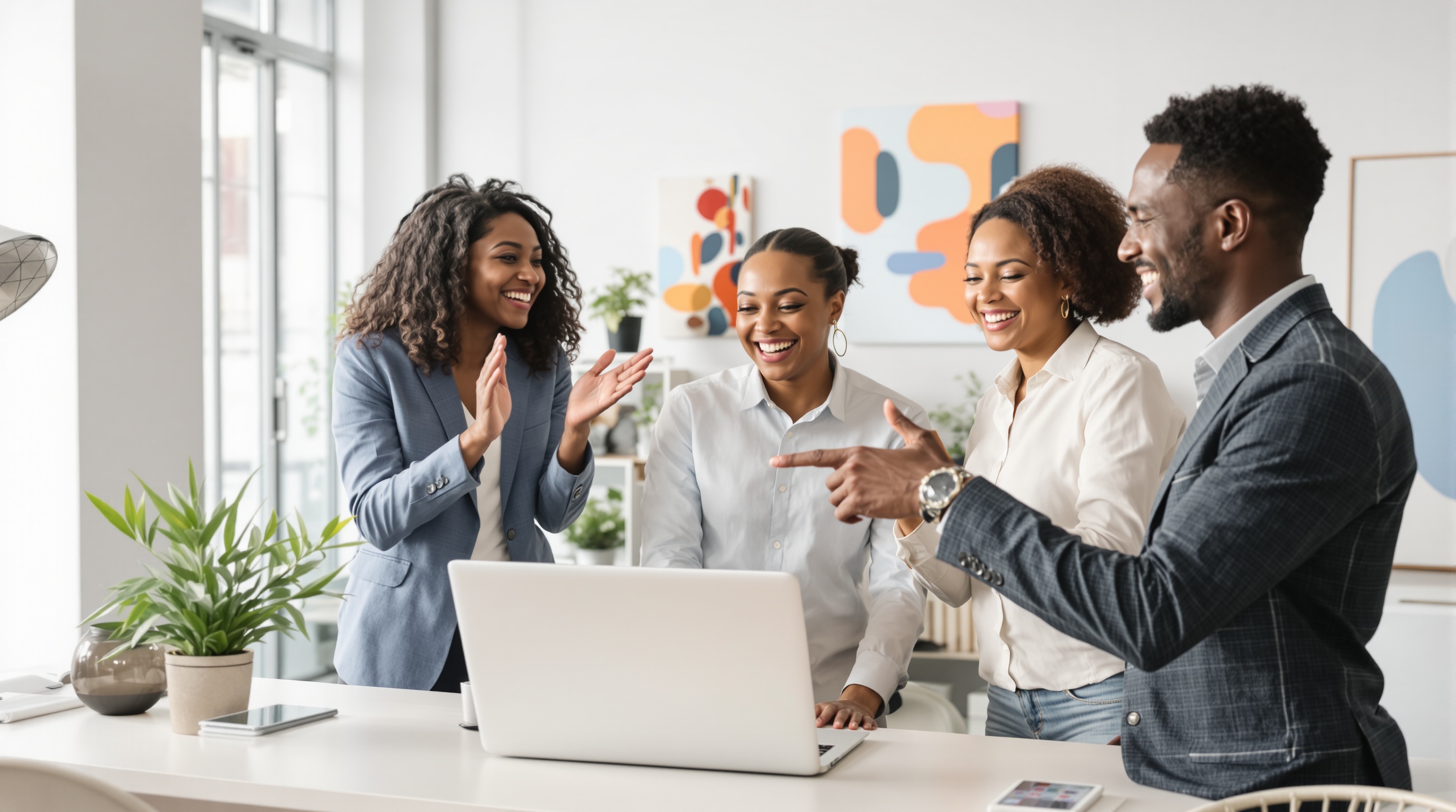 A diverse marketing team of three people celebrating a successful campaign launch around a laptop in a modern, bright workspace with soft natural lighting.
