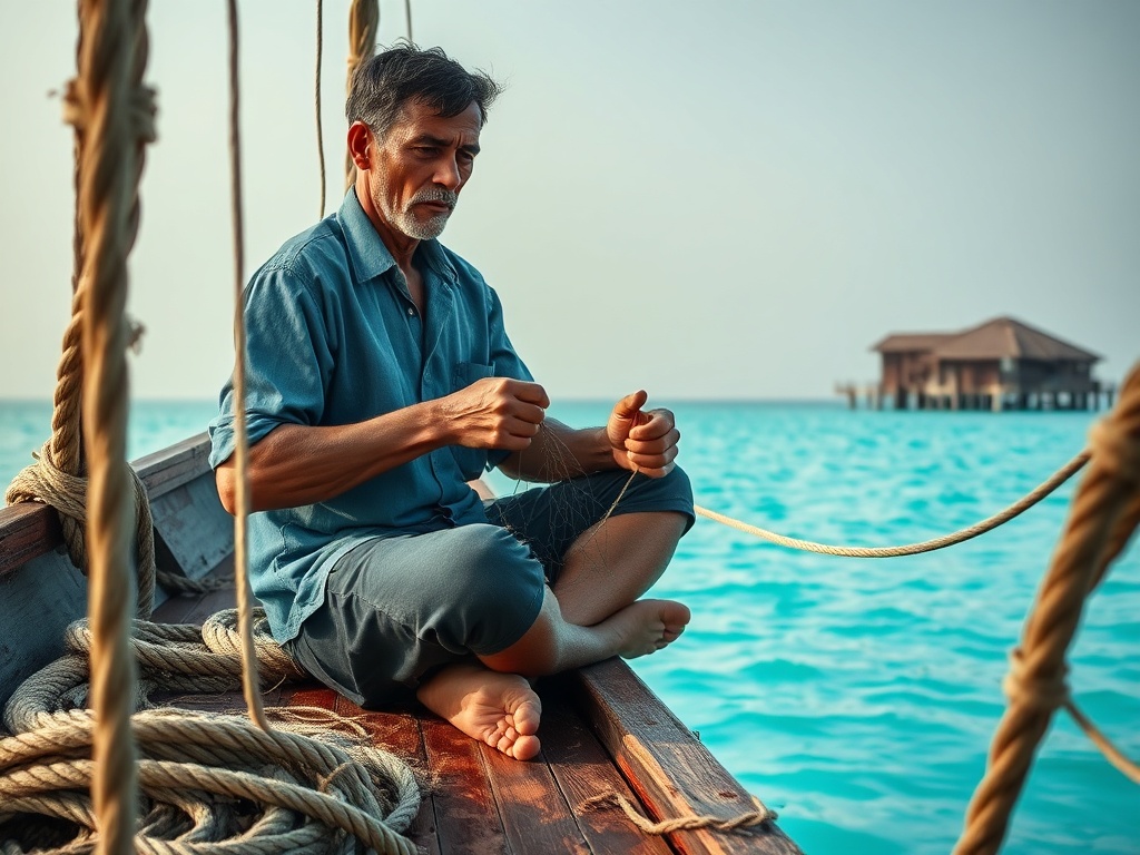 Fisherman Mending Nets as the Resort Skyline Grows