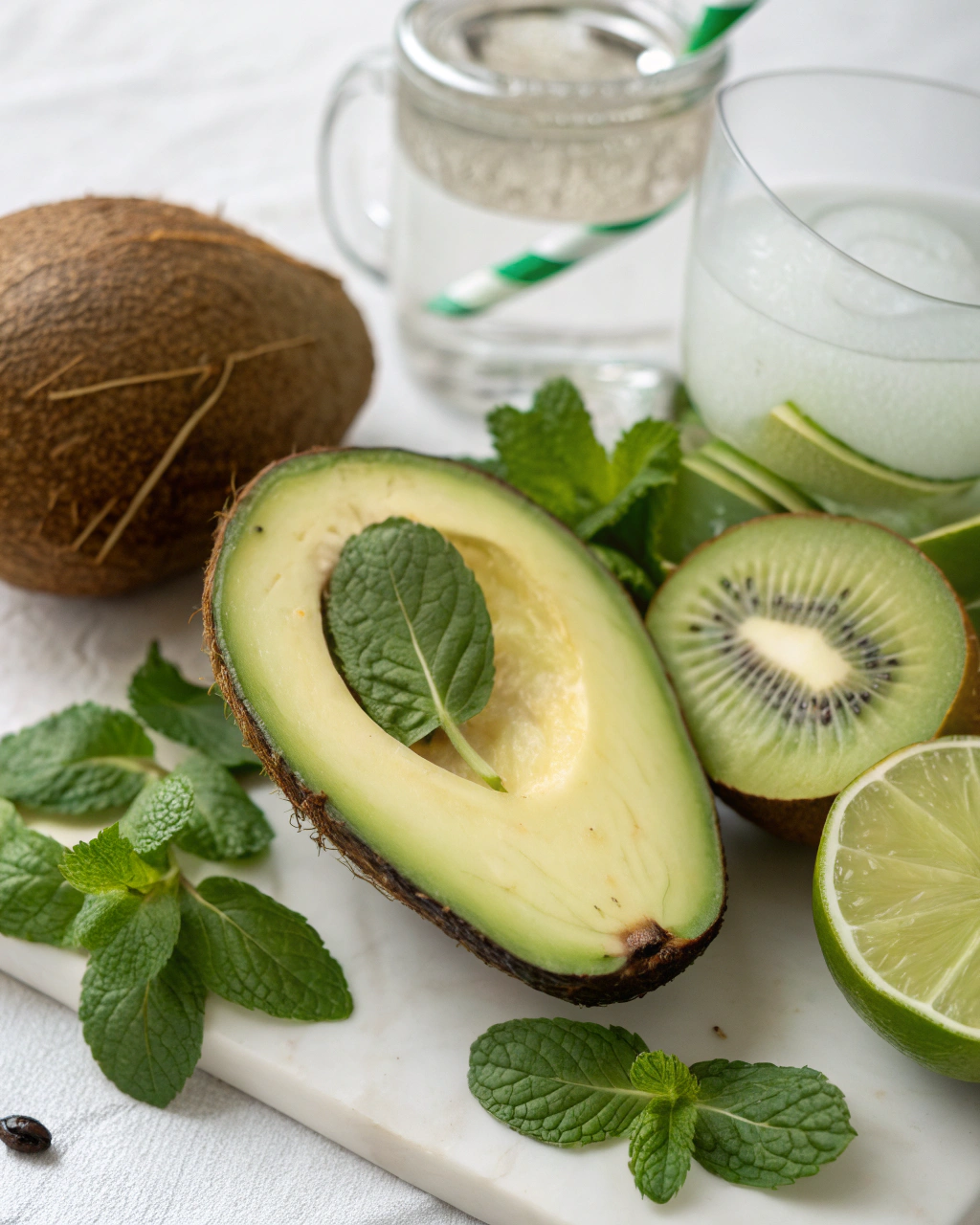 Creamy Avocado Mocktail: 3-Minute Magic for Drink Lovers 2 Avocado Mocktail ingredients laid out on clean white counter