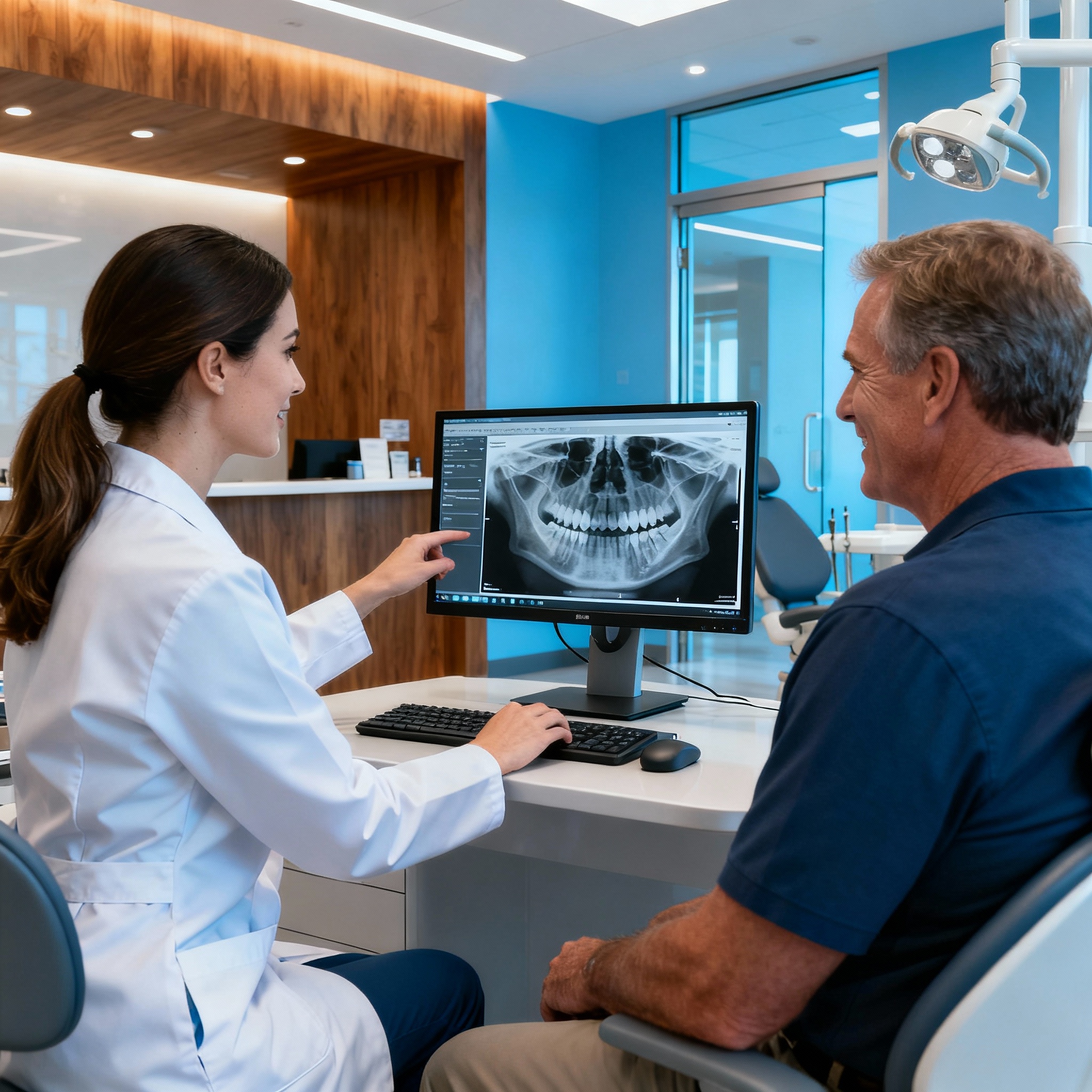 Close-up of a dental emergency triage scene, female dentist reviewing an X-ray on a computer screen with a calm middle-age...