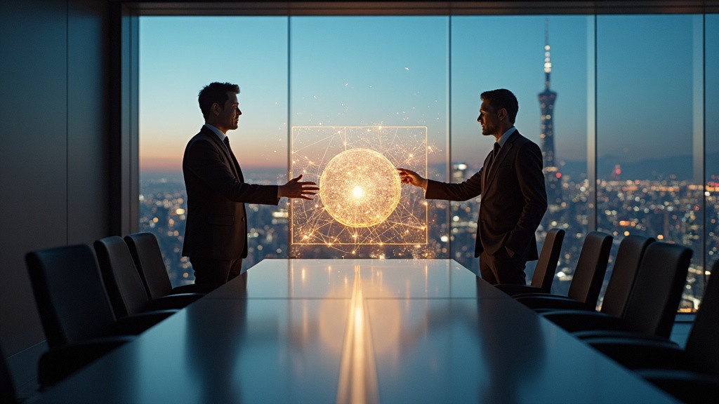 Visión futurista de la inteligencia artificial física, representando la estrategia detrás de que SoftBank compra robótica ABB.