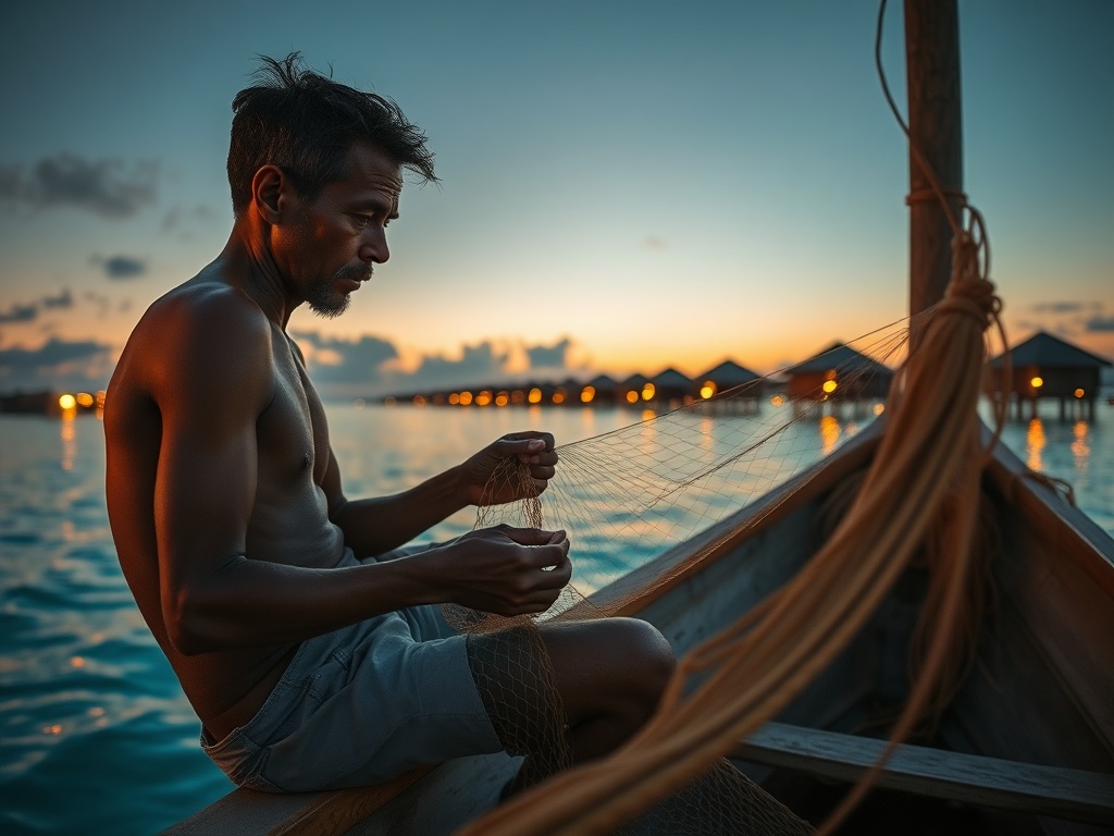 Fisherman Mending Nets as Resort Lights Glitter Across the Water