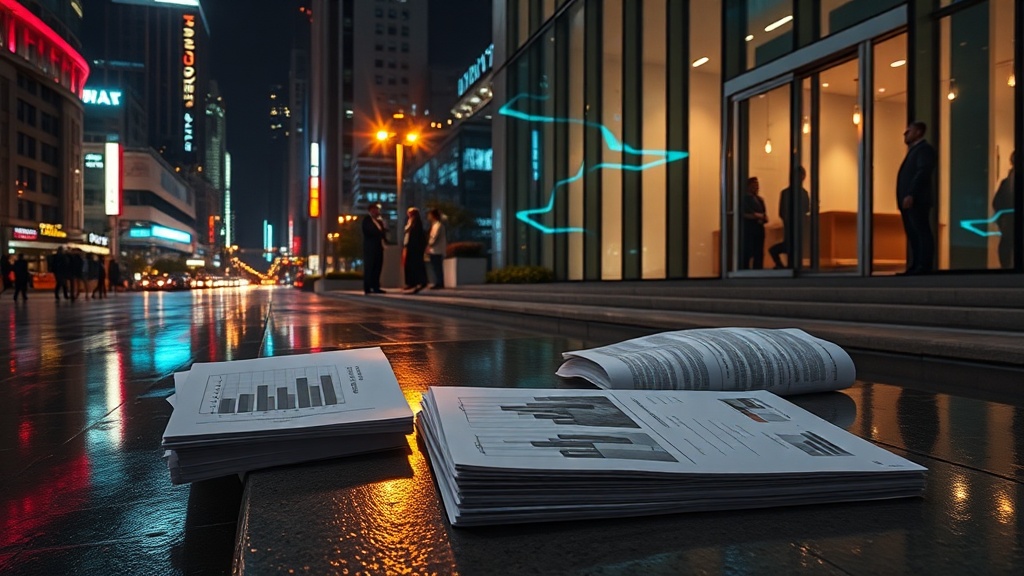 도시의 야경과 문서가 놓인 테이블 광경