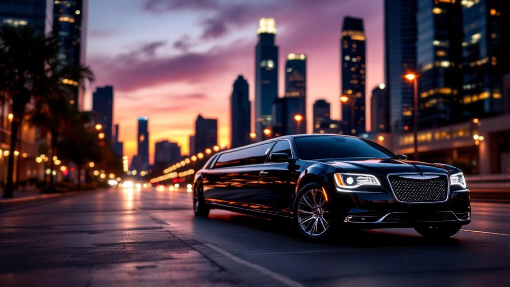 Stretch limousine in downtown Houston at sunset