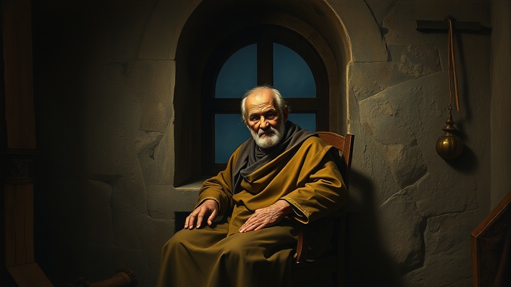 어스름한 실내에서 한 사람이 창가에 앉아 있는 고요한 장면