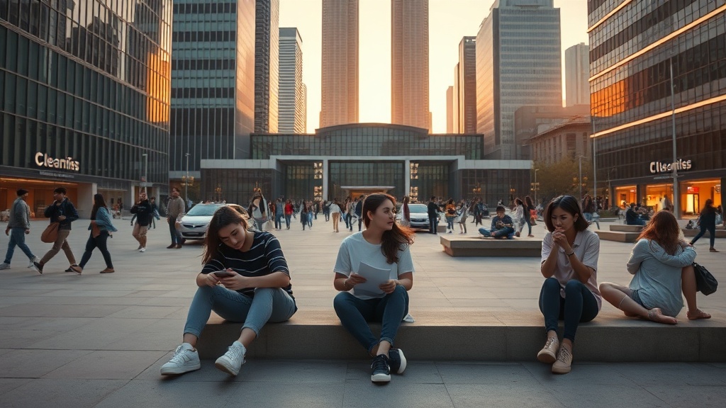 A cinematic post-exam urban scene showing young adults in reflection