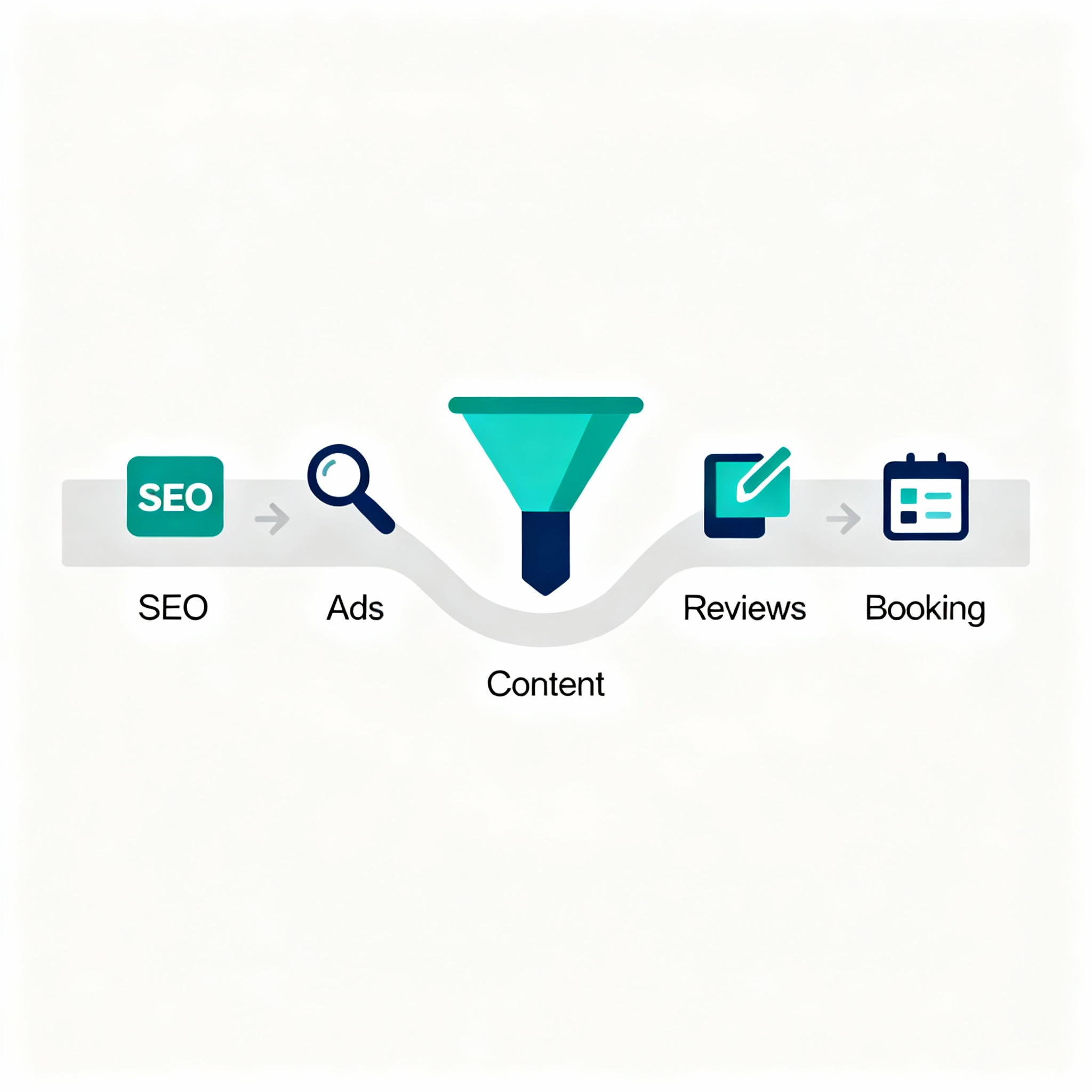 Clean infographic style horizontal layout showing a funnel from search to booking with icons for SEO, Ads, Content, Review...