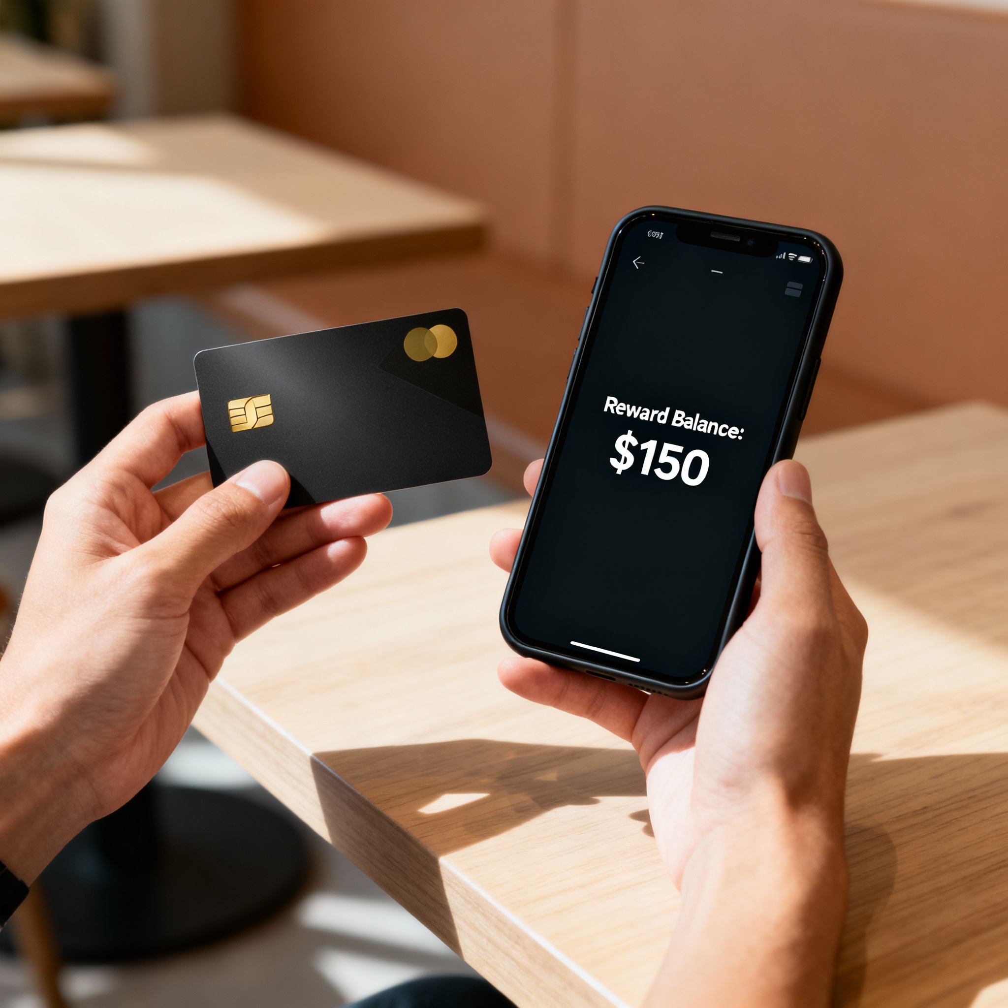 Photorealistic scene of a traveler using a rewards credit card and mobile app, modern, clean lighting, warm neutral tones,...
