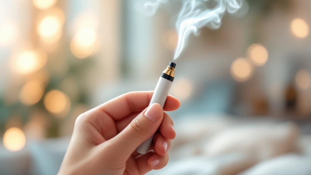 Cartoon hand holding CBD vape pen with vapor