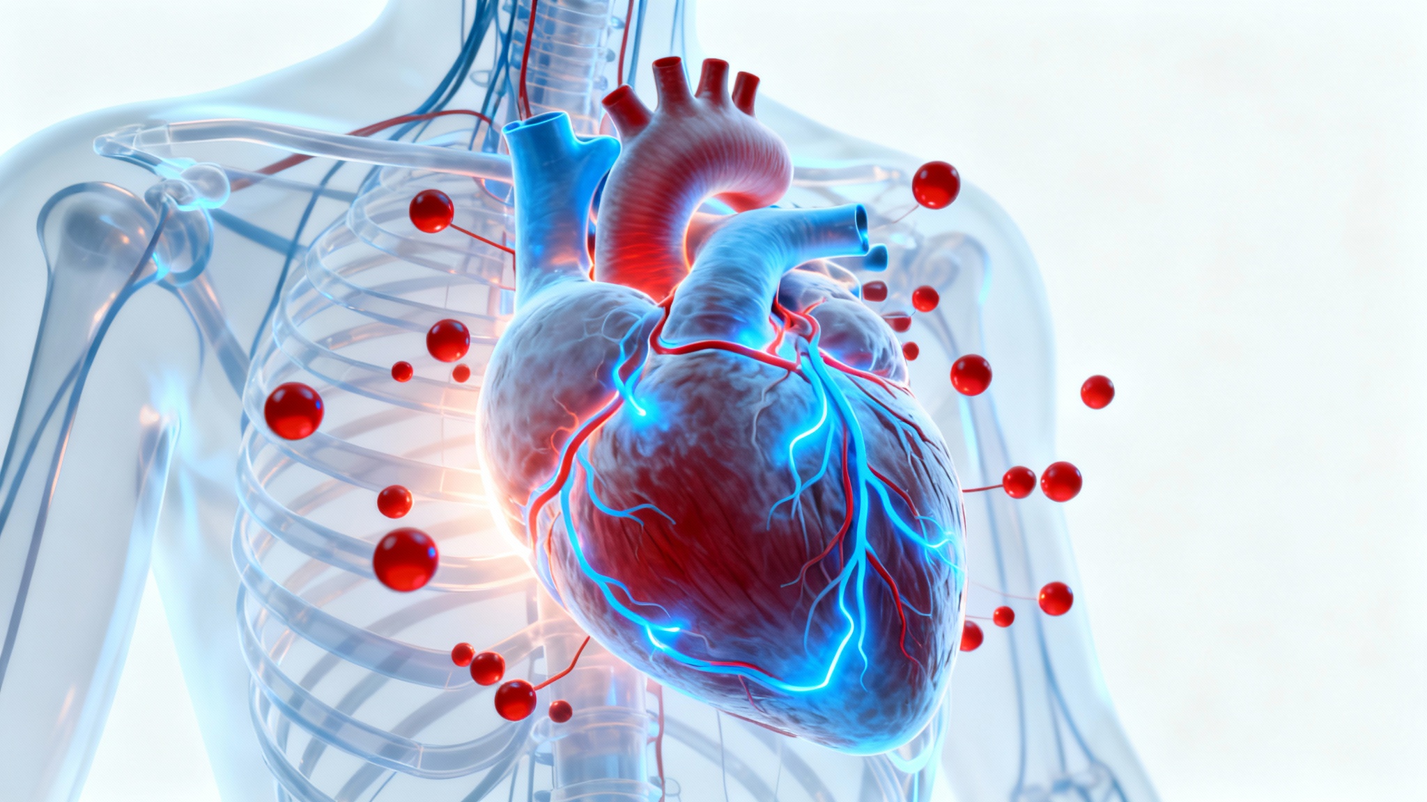 An anatomical illustration of the human heart with glowing icons representing magnesium and potassium ions supporting its electrical conductivity and muscle function.