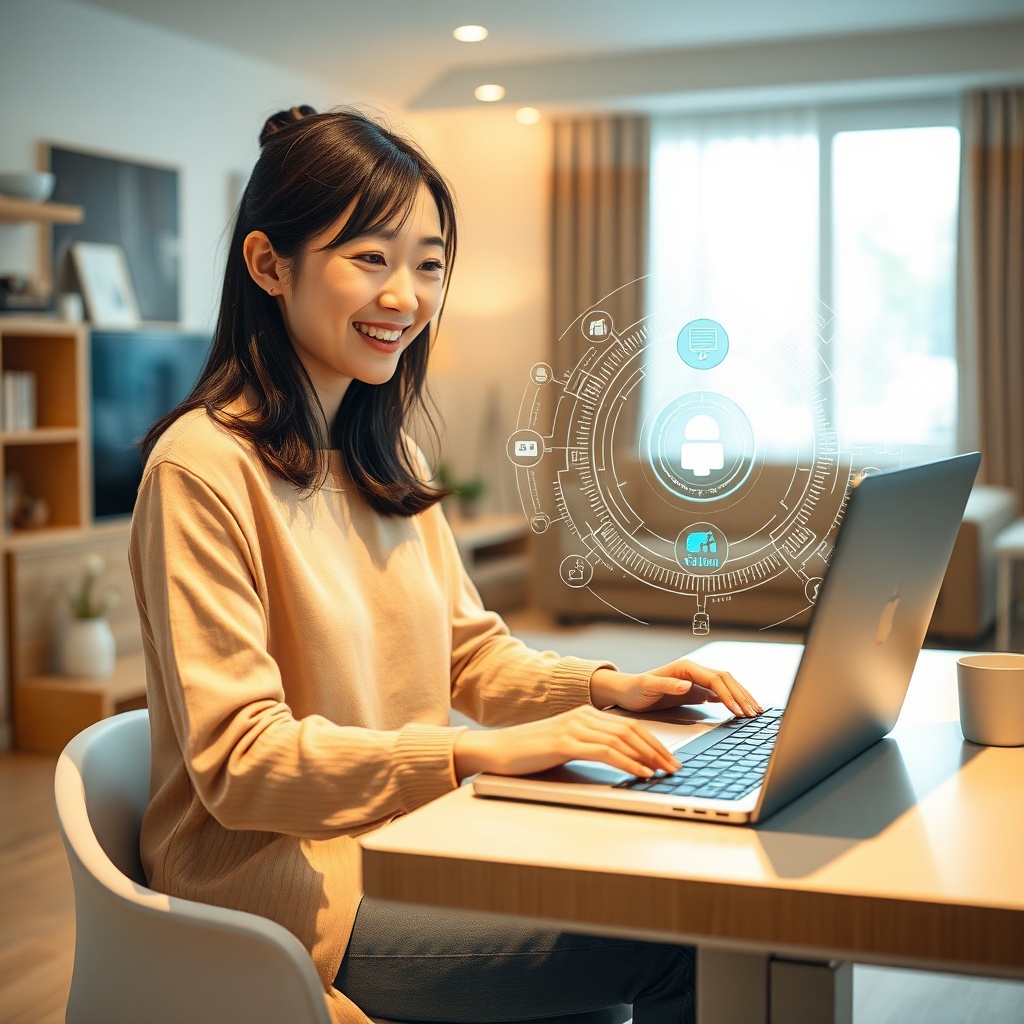 friendly Japanese woman in her 30s sitting at clean, modern desk at home, smiling as she interact...