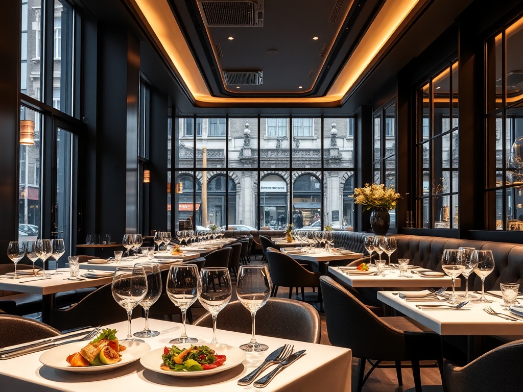 Modern London restaurant interior with elegant plated dishes, fine dining table setting, soft warm lighting in upscale hospitality venue