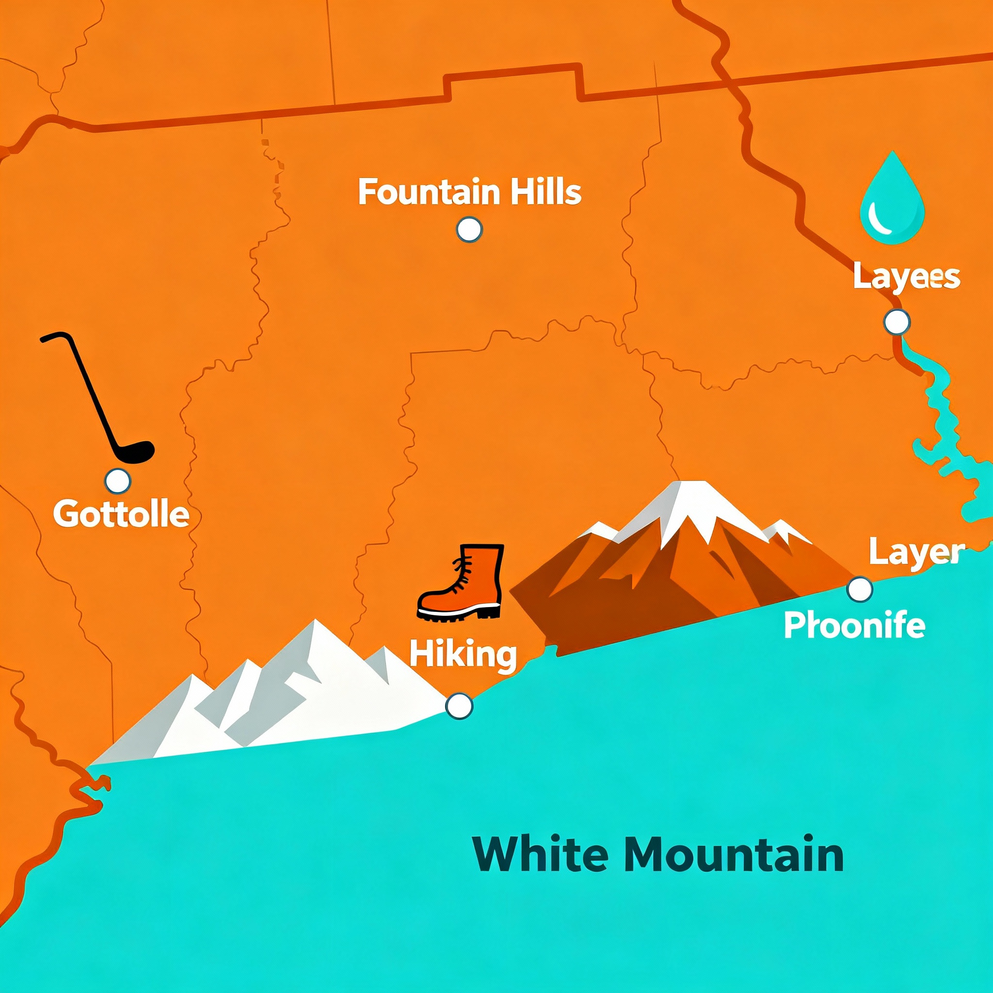 Infographic-style modern map showing Scottsdale, Fountain Hills, Phoenix, and nearby White Mountains with icons for golf, ...