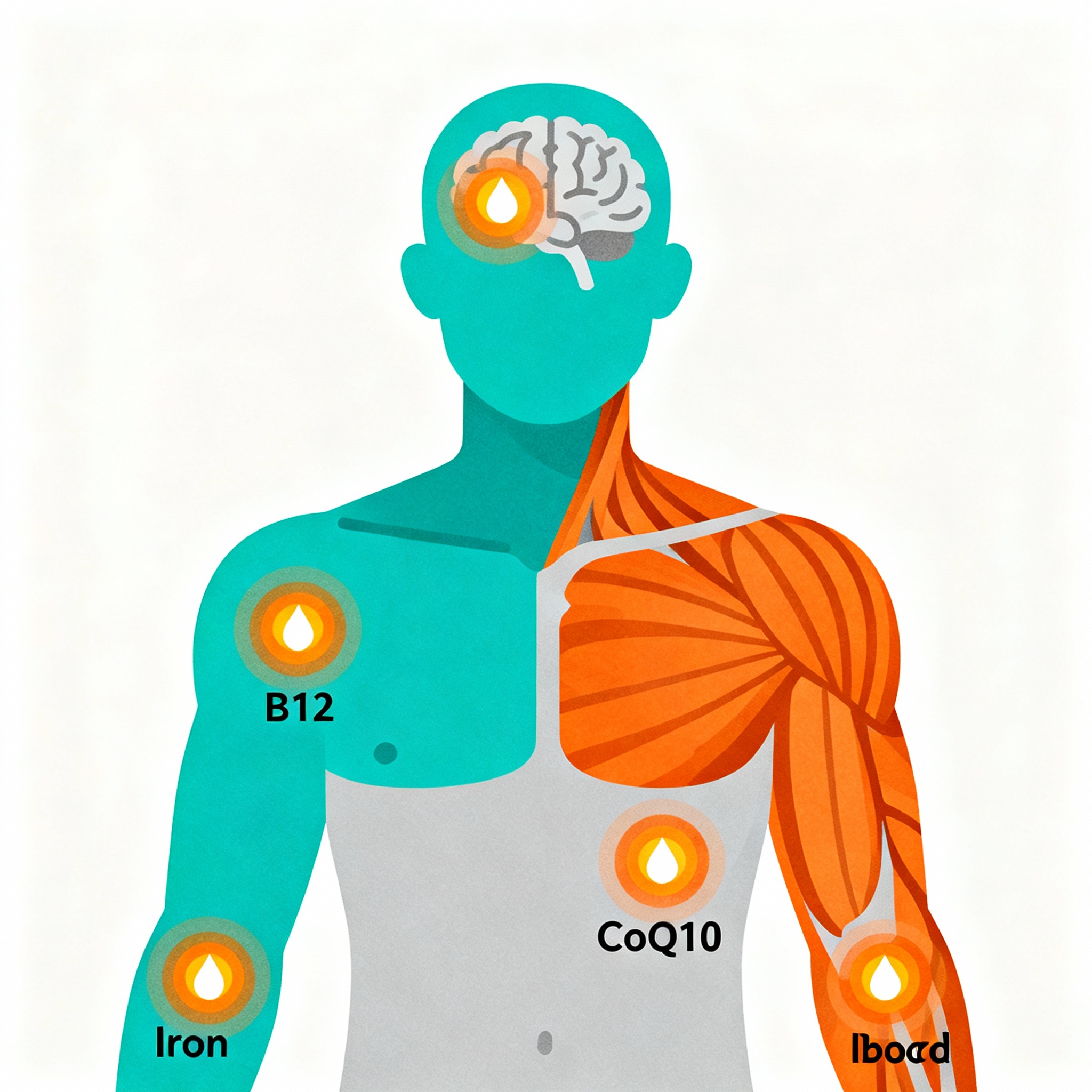 Modern infographic-style illustration showing a simplified human silhouette with energy hotspots highlighted (brain, muscl...