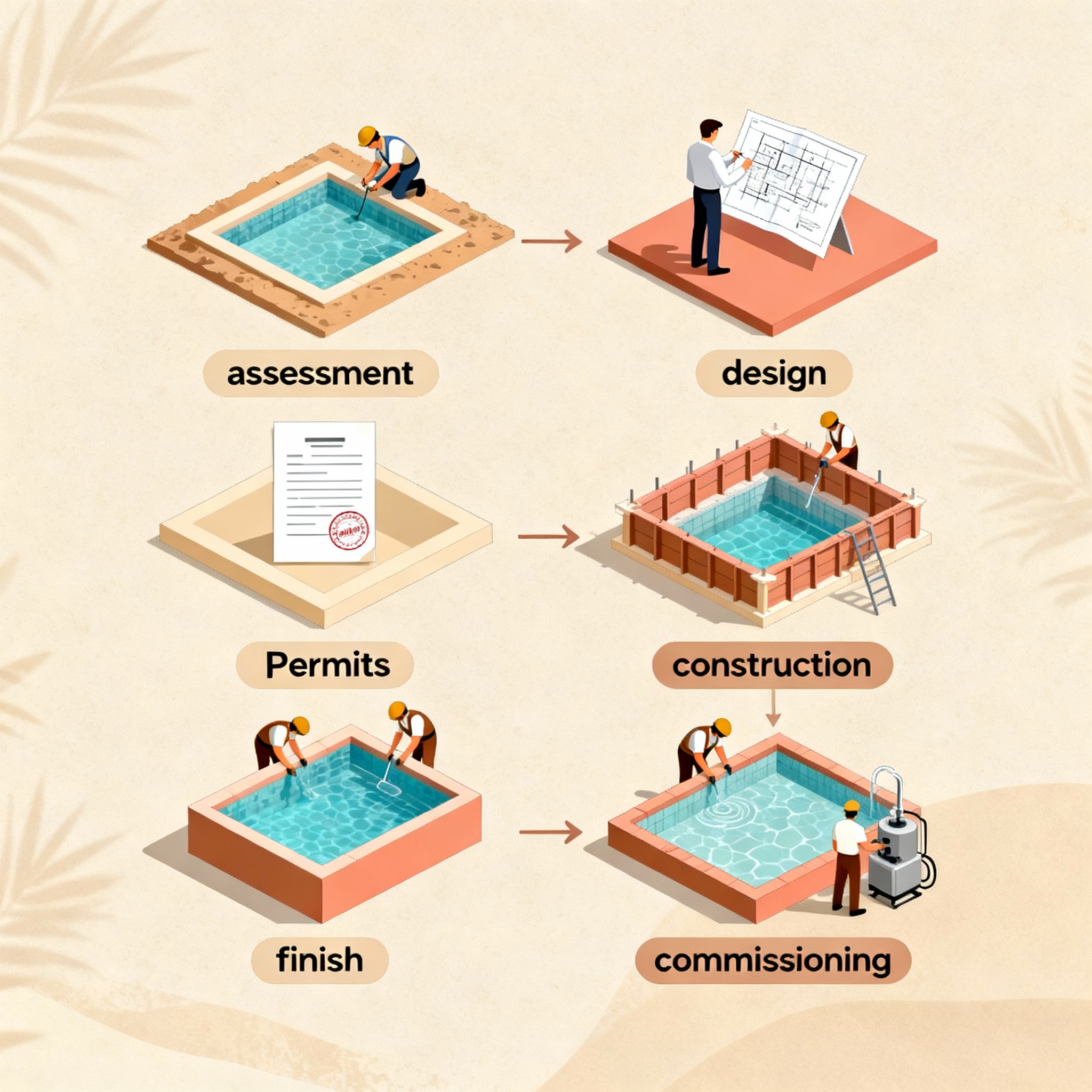 Isometric diagram style illustration showing phased timeline of a luxury pool remodel, labeled steps: assessment, design, ...