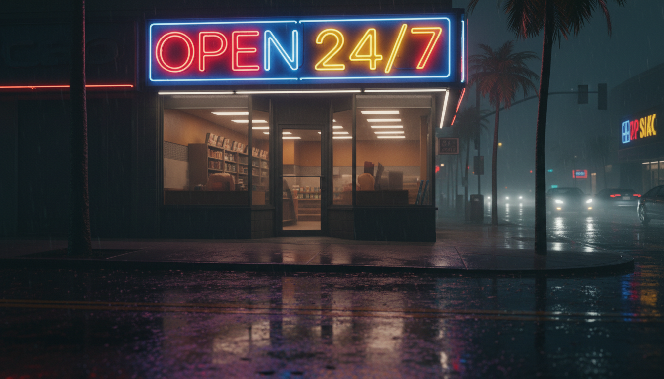 Nano Banana 1 output of a storefront with an illegible neon sign