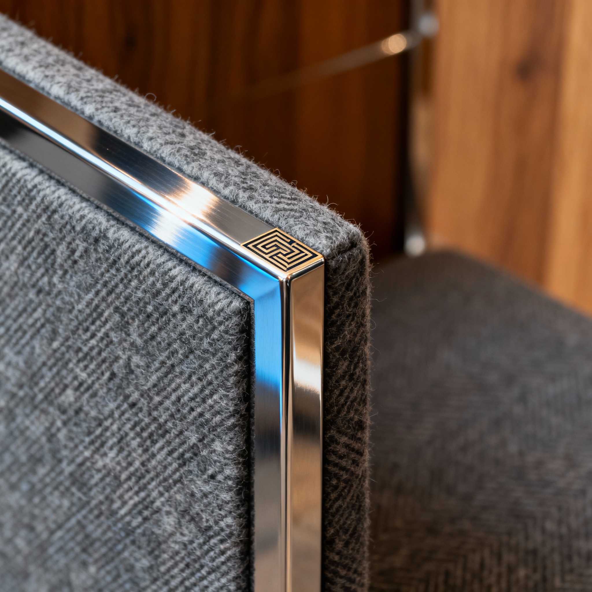 Photorealistic close-up showing premium materials and joinery, detail of felt texture, polished metal frame, and custom in...