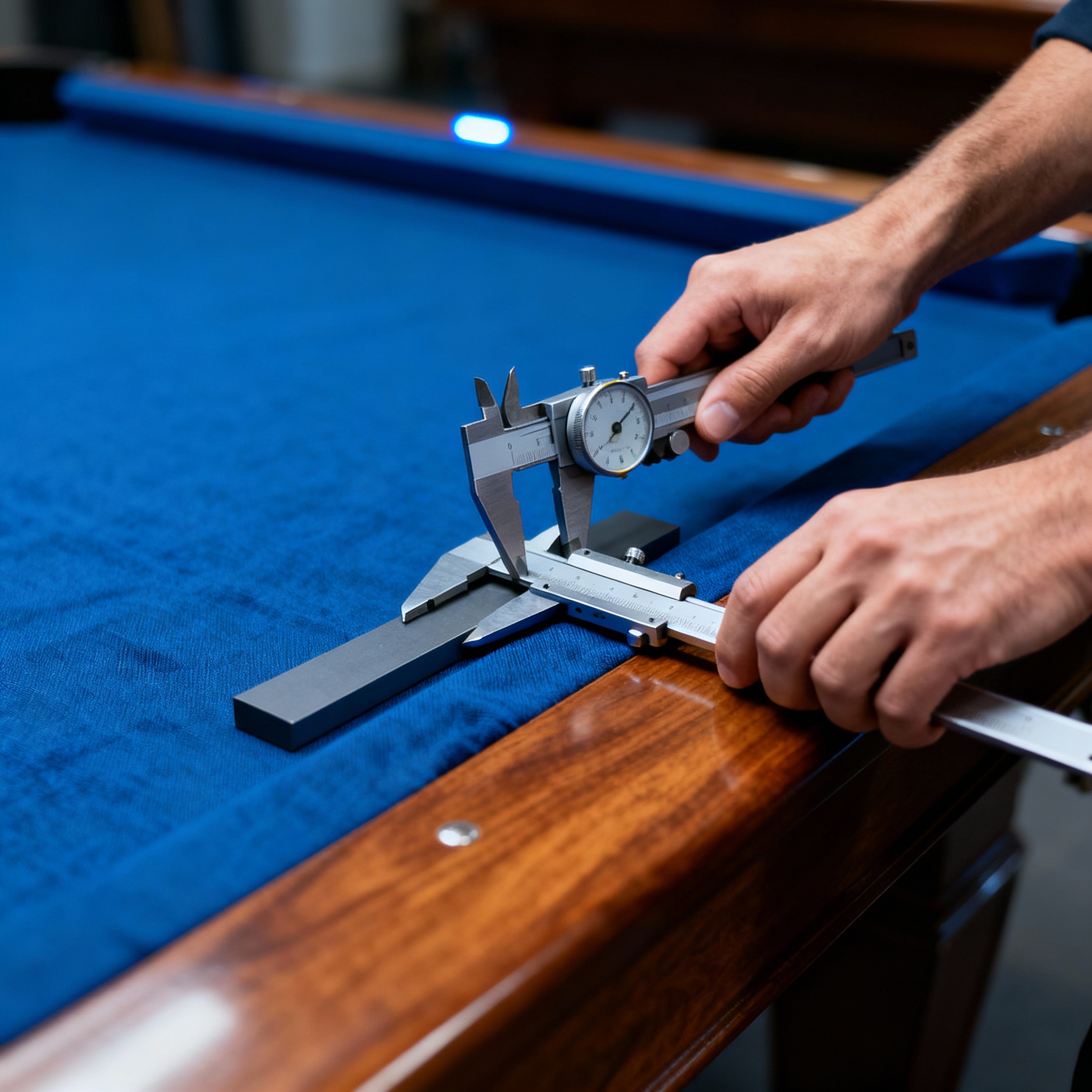 Close-up, photorealistic image of a technician leveling a pool table slate with precision tools, minimalistic composition,...