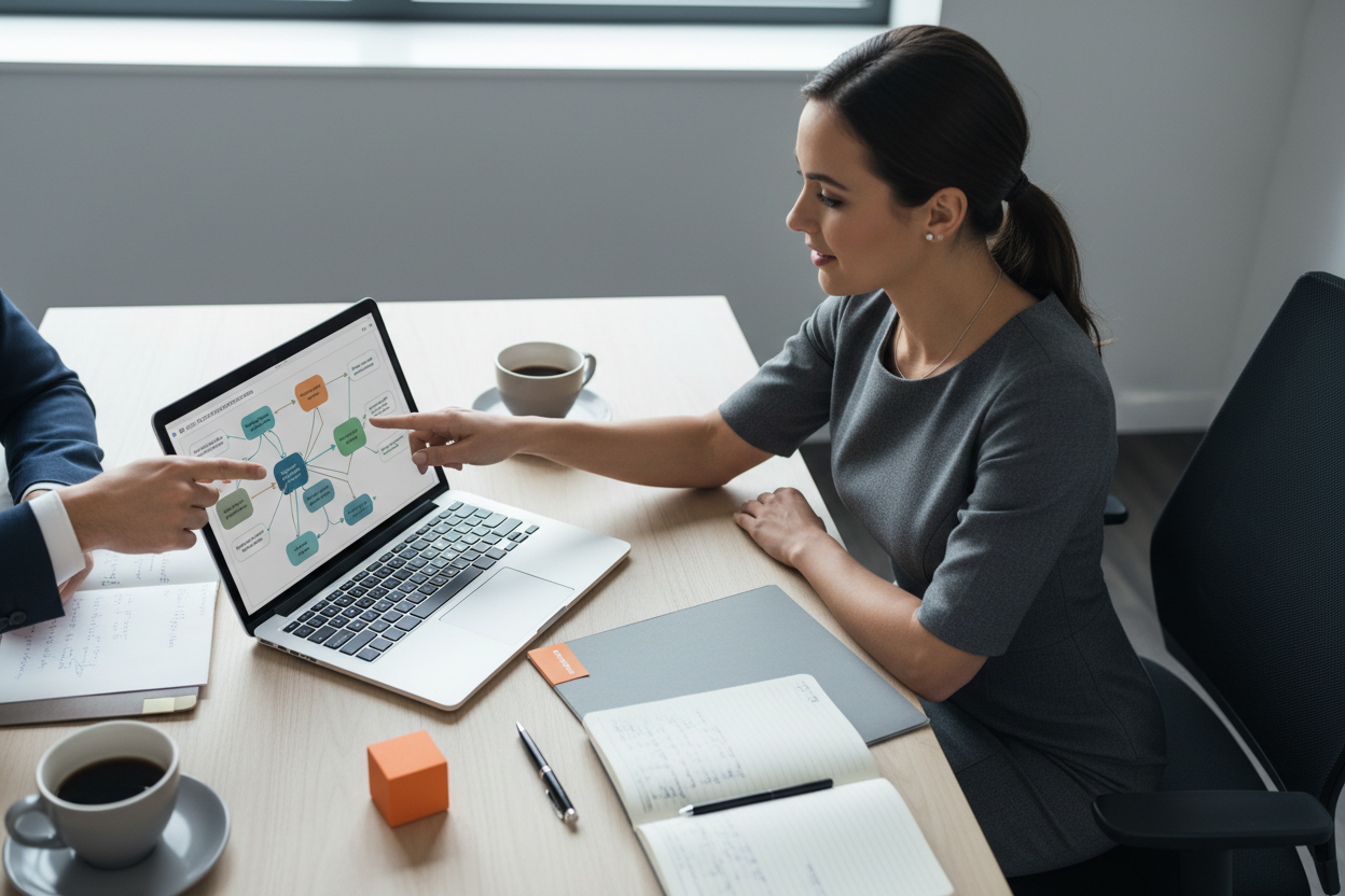 Top-down photo of two professionals reviewing a laptop screen showing a complex CRM architecture diagram on a tidy table with notebooks and coffee cups, captured in soft natural window light to convey collaborative planning and governance work.