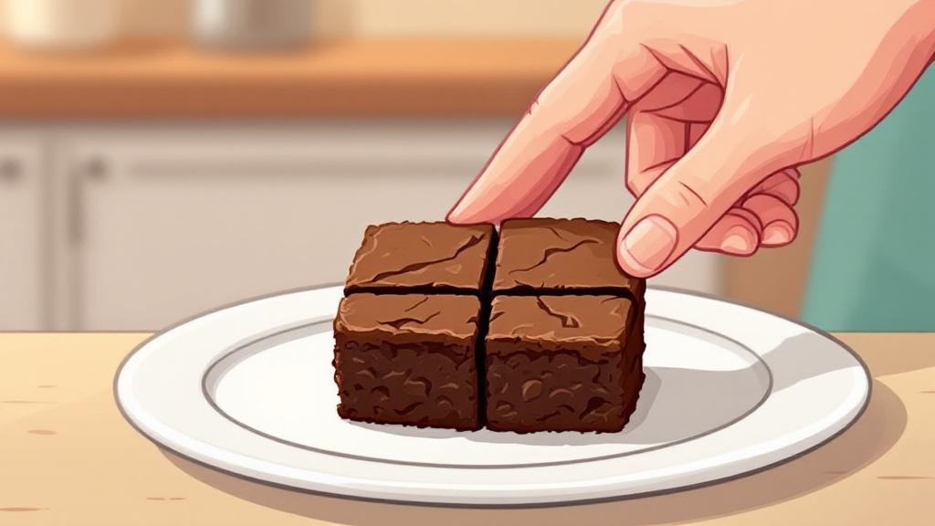 Cartoon hand holding quartered brownie showing portion control