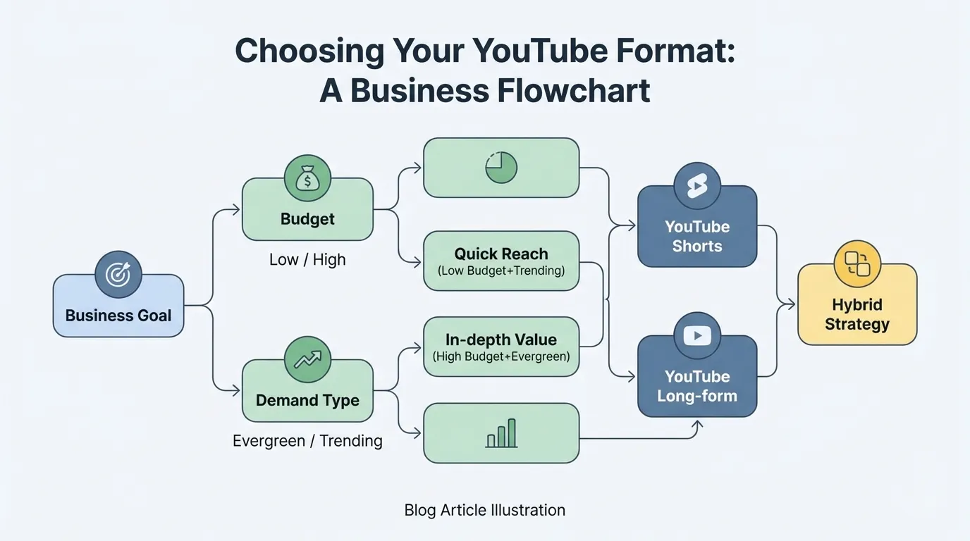 An illustrated flowchart guiding businesses to choose between YouTube Long-form and Shorts based on budget and demand type.