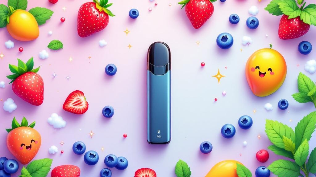 Vape device surrounded by colorful cartoon fruit flavors