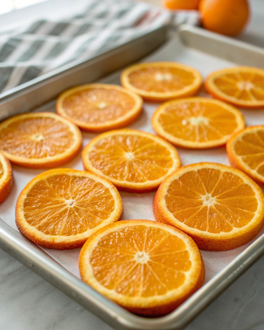 Easy Dried Orange Slices ingredients on a white counter