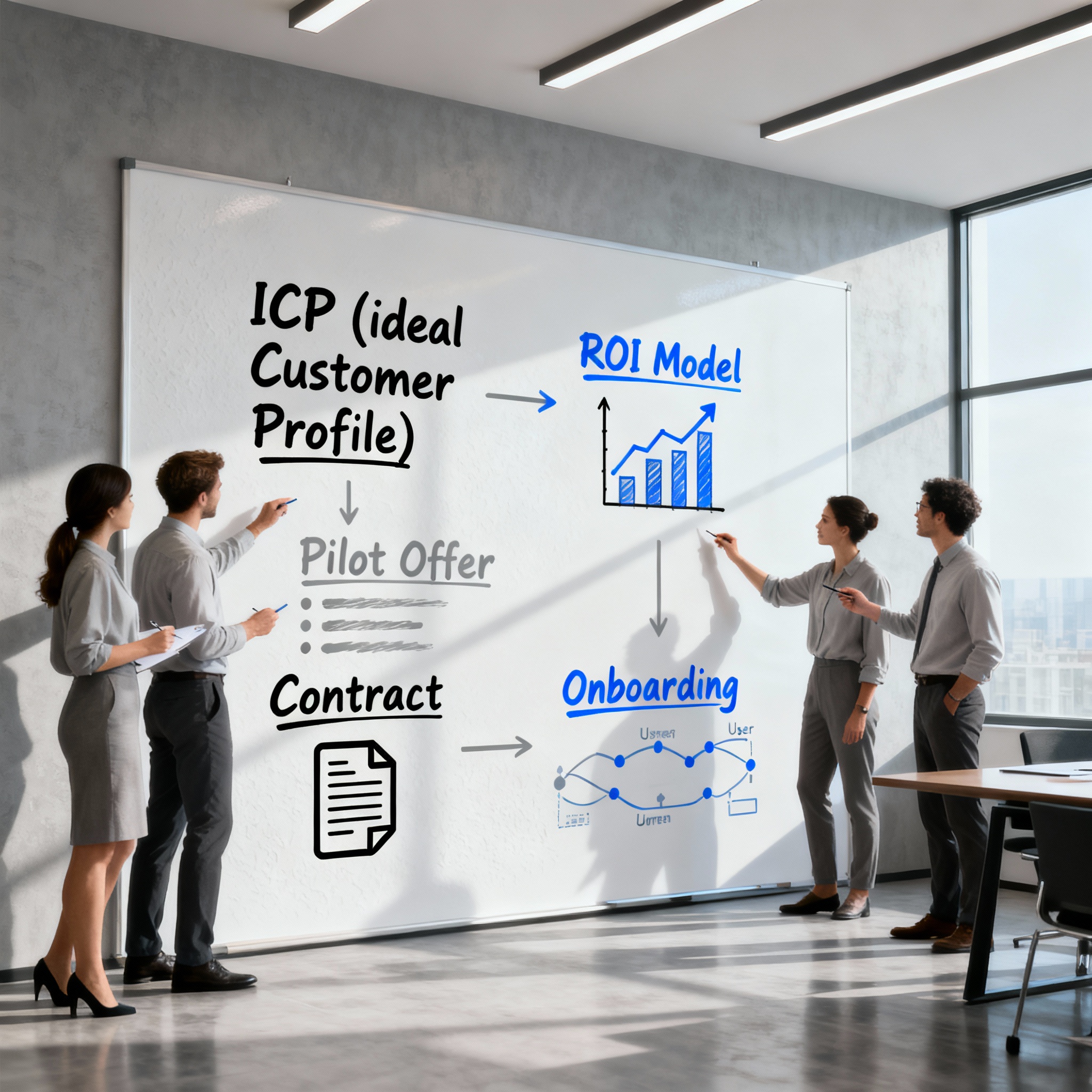 Photorealistic wideshot of a conference room whiteboard with a mapped sales process for an agency: ICP, ROI model, pilot o...