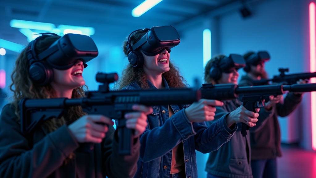 Jugadores inmersos en The Shooter Experience RV en Virtua Barcelona, apuntando con armas de realidad virtual en un escenario táctico.