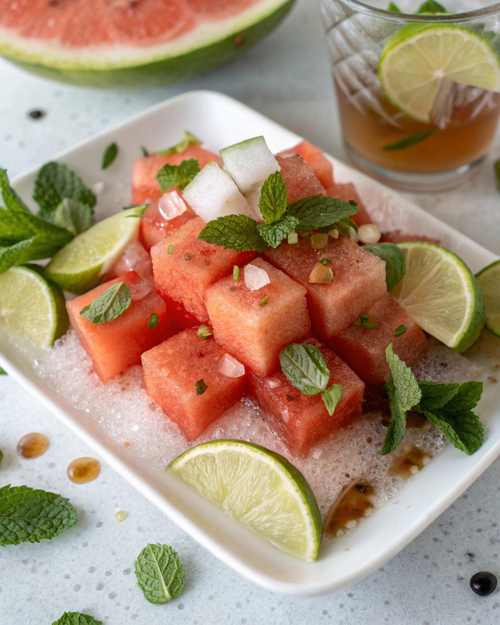 Watermelon Mocktails ingredients laid out on clean white counter