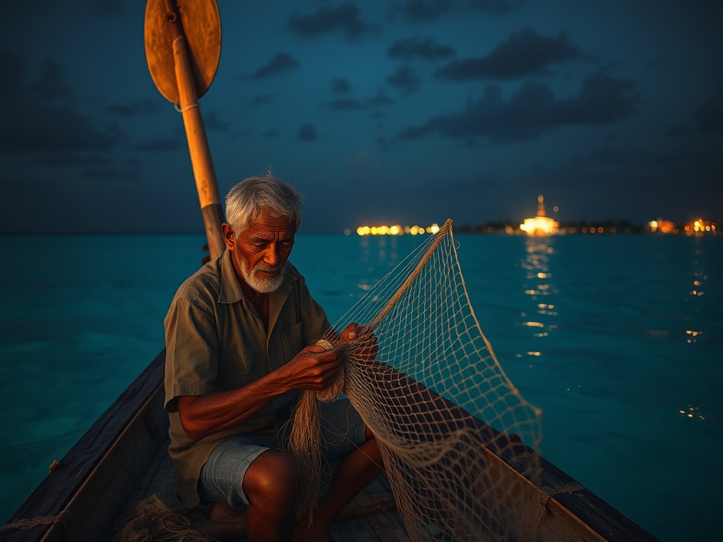 The Fisherman Mending Nets While Resort Lights Glow