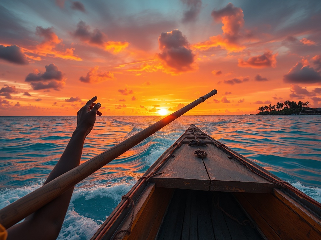 Multiple Hands on the Steering Oar at Golden Hour