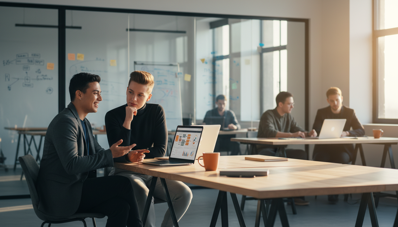 Two professionals collaborating at laptops in a bright startup office, comparing marketing automation workflows and metrics in a candid wide shot with warm backlight and soft front fill.