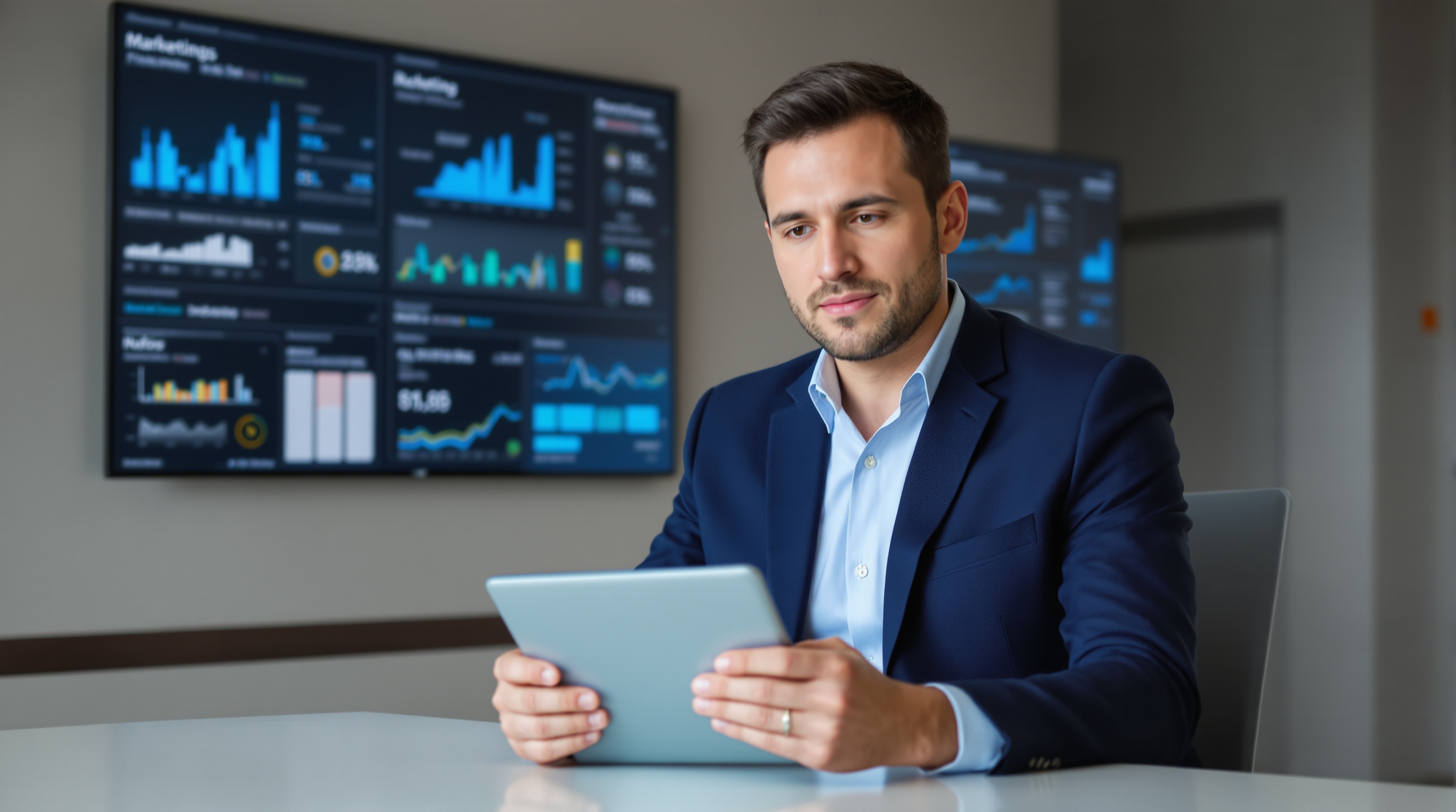 A determined business owner in a modern office, reviewing marketing reports on a tablet with digital screens displaying analytics in the background.