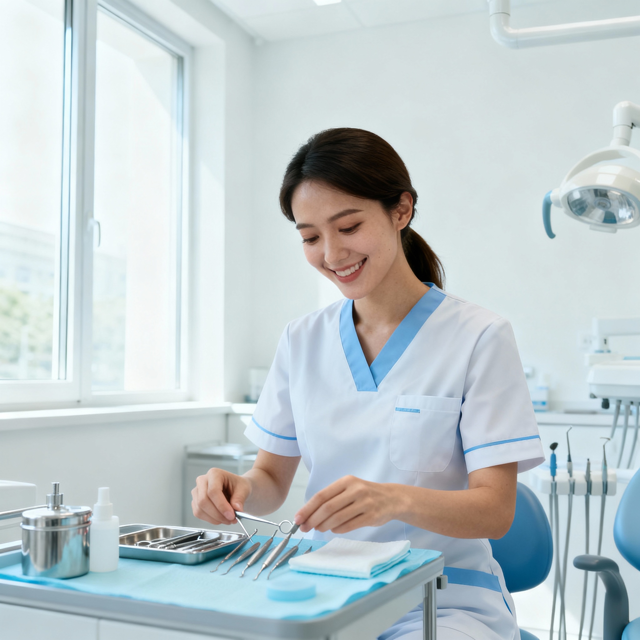 Photorealistic image of a dental hygienist, female, smiling while preparing dental instruments in a clean clinic room, mod...